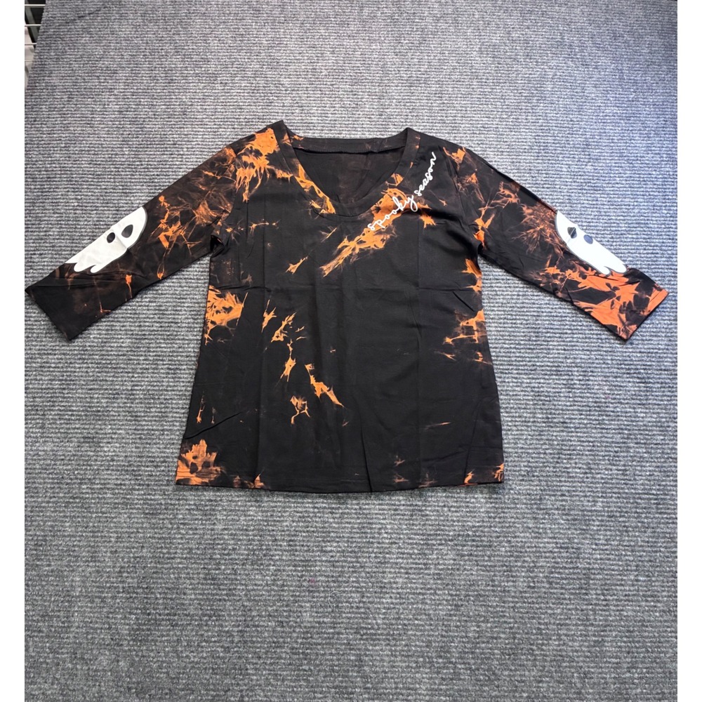 Spooky Season Halloween Ghost Bleach Wash Tie Dye V-Neck 3/4 Sleeve Top Small